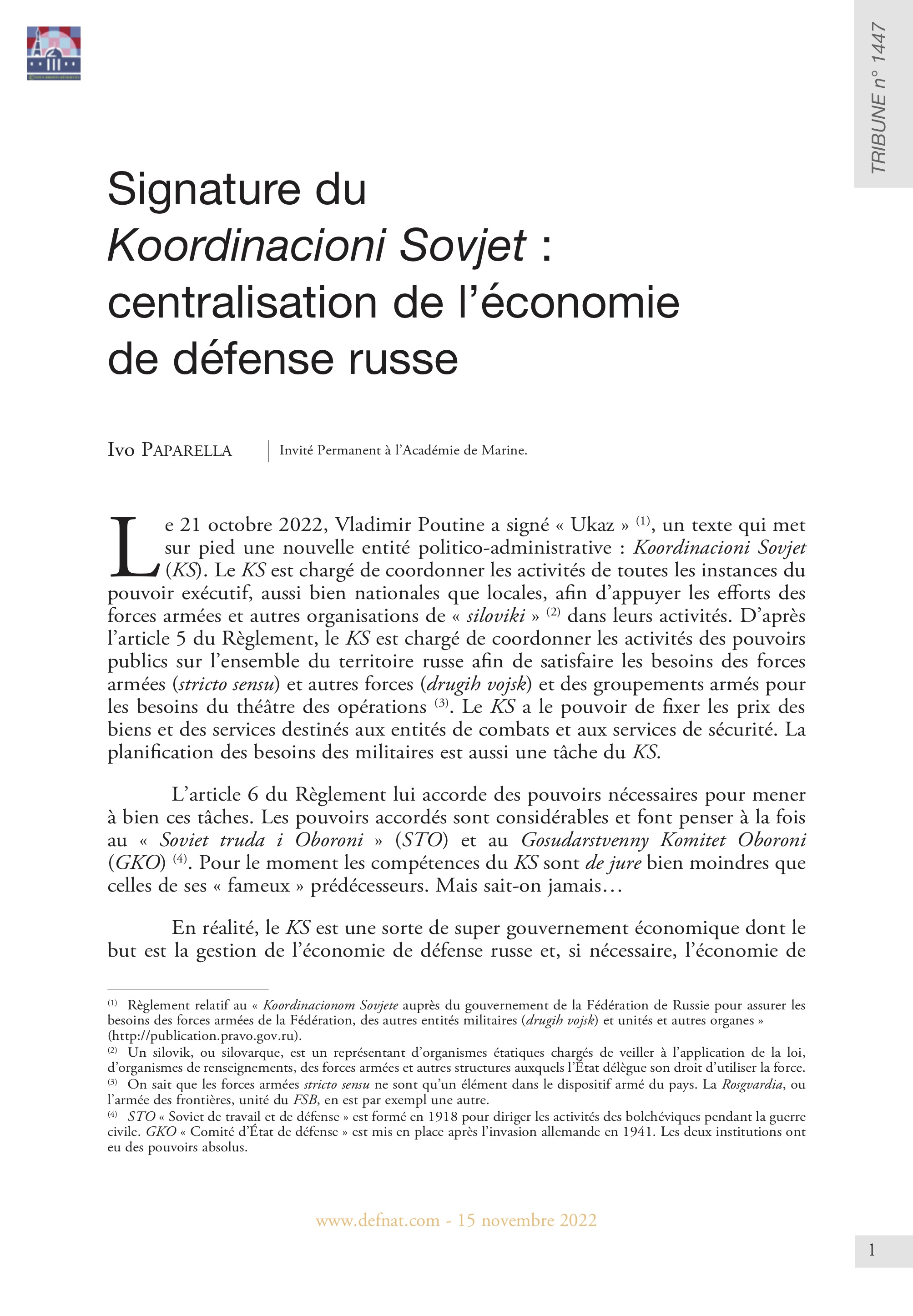 Signature du Koordinacioni Sovjet : centralisation de l’économie de défense russe (T 1447)
